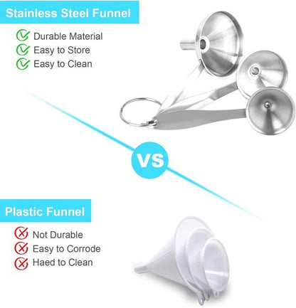 Stainless Steel Funnel Set - Set of 3 - Kitchen Funnels - Various Sizes - Funnels with Long Handles - With 2 Cleaning Brushes - Diameter: 7.5cm/5.5cm/4.5cm - Suitable for kitchen bottles, thermoses, small spice powders and k