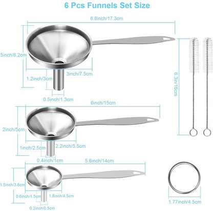 Stainless Steel Funnel Set - Set of 3 - Kitchen Funnels - Various Sizes - Funnels with Long Handles - With 2 Cleaning Brushes - Diameter: 7.5cm/5.5cm/4.5cm - Suitable for kitchen bottles, thermoses, small spice powders and k