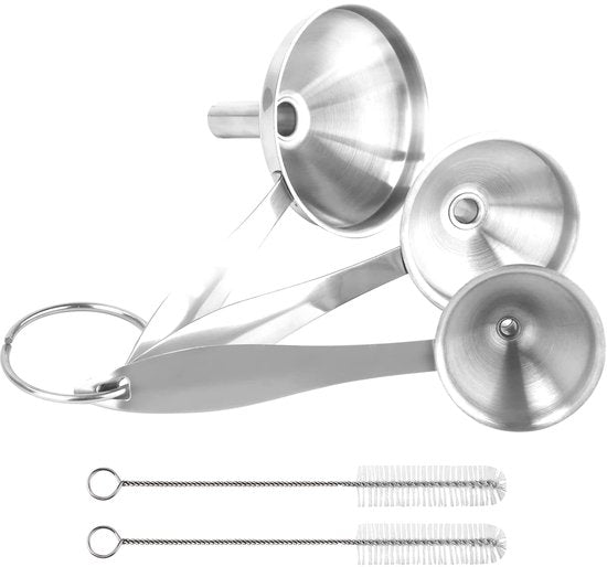 Stainless Steel Funnel Set - Set of 3 - Kitchen Funnels - Various Sizes - Funnels with Long Handles - With 2 Cleaning Brushes - Diameter: 7.5cm/5.5cm/4.5cm - Suitable for kitchen bottles, thermoses, small spice powders and k