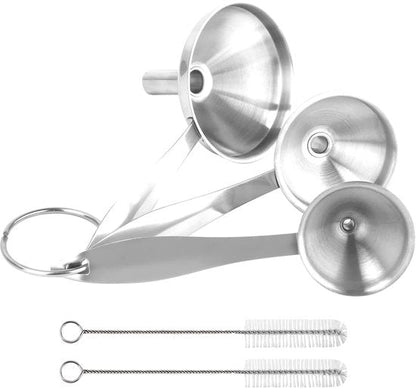 Stainless Steel Funnel Set - Set of 3 - Kitchen Funnels - Various Sizes - Funnels with Long Handles - With 2 Cleaning Brushes - Diameter: 7.5cm/5.5cm/4.5cm - Suitable for kitchen bottles, thermoses, small spice powders and k