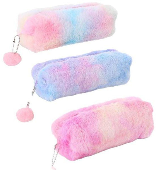 Pencil Cases - 3-Piece - Storage Bags - Fluffy Fleece Pencil Cases - Rainbow Gradient Design - Suitable for girls aged 3 to 12 - Ideal gift for birthdays, graduations and Christmas.
