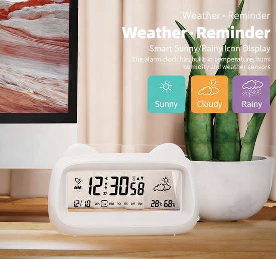 Alarm Clock - Digital Alarm Clock - Digital Clock - Smart Alarm Clock - Electronic Calendar - Cat-shaped Alarm Clock with Light - Real-time Temperature and Humidity Monitoring - Weather Display - Large Night Light Screen - USB Charging（Blue）