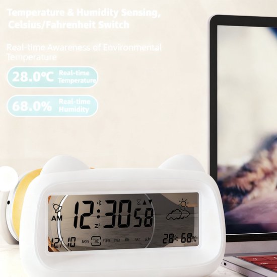 Alarm Clock - Digital Alarm Clock - Digital Clock - Smart Alarm Clock - Electronic Calendar - Cat-shaped Alarm Clock with Light - Real-time Temperature and Humidity Monitoring - Weather Display - Large Night Light Screen - USB Charging（Blue）