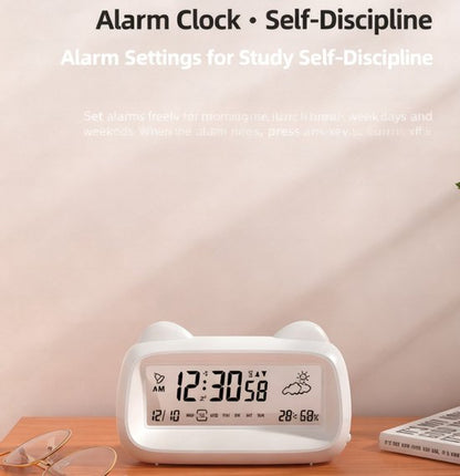 Alarm Clock - Digital Alarm Clock - Digital Clock - Smart Alarm Clock - Electronic Calendar - Cat-shaped Alarm Clock with Light - Real-time Temperature and Humidity Monitoring - Weather Display - Large Night Light Screen - USB Charging（Blue）