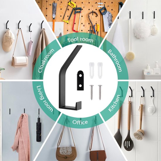 Hooks - 6 pieces - Black clothes hooks - Suitable for screwing with a hidden hole - Modern wall coat rack - For jackets, coats, hats, scarves, towels, handbags, etc.