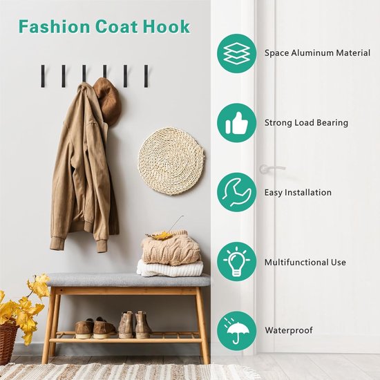 Hooks - 6 pieces - Black clothes hooks - Suitable for screwing with a hidden hole - Modern wall coat rack - For jackets, coats, hats, scarves, towels, handbags, etc.