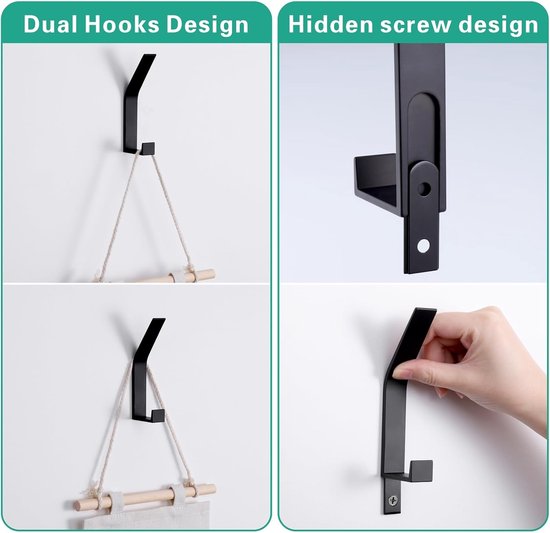 Hooks - 6 pieces - Black clothes hooks - Suitable for screwing with a hidden hole - Modern wall coat rack - For jackets, coats, hats, scarves, towels, handbags, etc.