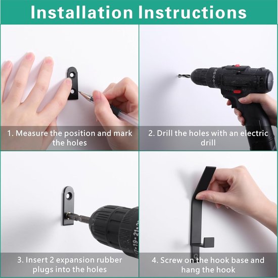 Hooks - 6 pieces - Black clothes hooks - Suitable for screwing with a hidden hole - Modern wall coat rack - For jackets, coats, hats, scarves, towels, handbags, etc.