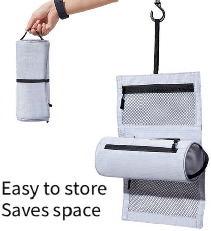 Foldable Toiletry Bag with Hanging Hook - Waterproof Travel Wash Bag - with Multiple Compartments & Mesh - Compact Makeup and Toiletry Bag for Vacation, Sports and Camping - White