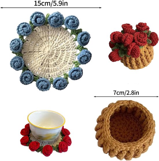 Coasters - Mini Basket Included - Floral Coasters - Vintage Rose Design - Suitable for coffee tables, weddings, housewarming parties, birthdays, etc.（Purple）