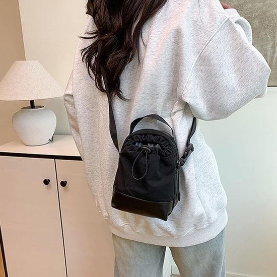 Women's shoulder bag - casual bag - adjustable canvas bag with drawstring - suitable for daily commuting and travel.（Black）