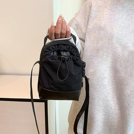 Women's shoulder bag - casual bag - adjustable canvas bag with drawstring - suitable for daily commuting and travel.（Black）