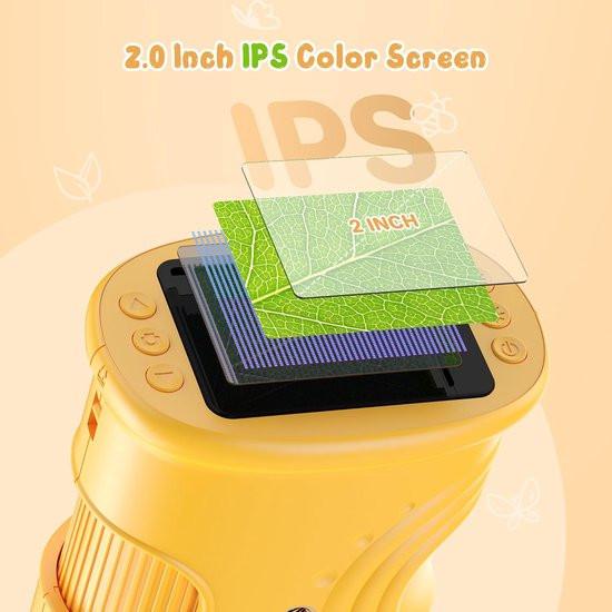 1000x Digital Children's Microscope - With 2 Inch IPS Screen & 8 LED Lights - Handy & Easy to Use for Nature Research - Yellow.