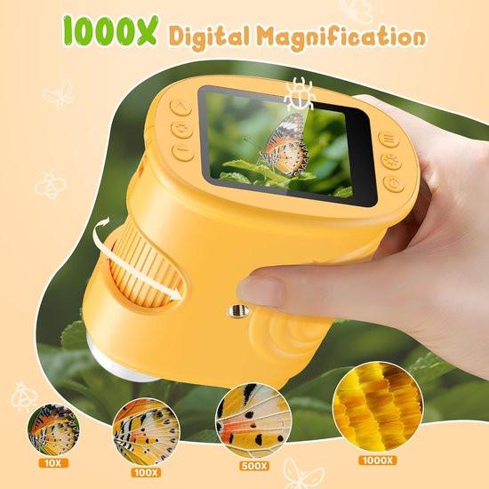 1000x Digital Children's Microscope - With 2 Inch IPS Screen & 8 LED Lights - Handy & Easy to Use for Nature Research - Yellow.