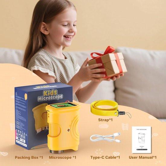 1000x Digital Children's Microscope - With 2 Inch IPS Screen & 8 LED Lights - Handy & Easy to Use for Nature Research - Yellow.