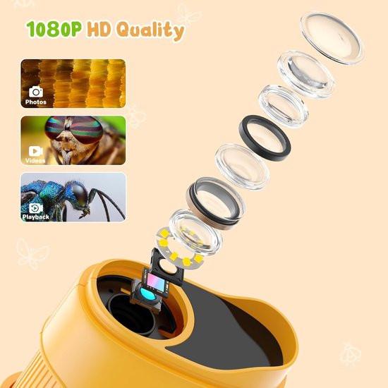 1000x Digital Children's Microscope - With 2 Inch IPS Screen & 8 LED Lights - Handy & Easy to Use for Nature Research - Yellow.