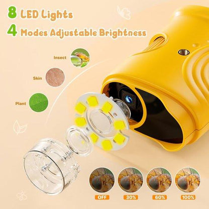 1000x Digital Children's Microscope - With 2 Inch IPS Screen & 8 LED Lights - Handy & Easy to Use for Nature Research - Yellow.