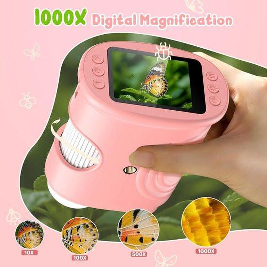 1000x Digital Children's Microscope - With 2 Inch IPS Screen & 8 LED Lights - Handy & Easy to Use for Nature Research - Pink.