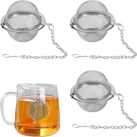 Tea filter - 3 pieces - Stainless steel tea filter - Tea ball filter - Tea filter pot - Infusion ball - Stainless steel tea filter - with extended chain hook - Round tea filter.