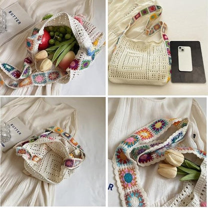 Women's shoulder bag - Embroidered bag - Handmade crocheted fabric bag - Colorful patterns - Perfect for shopping and holidays - Khaki
