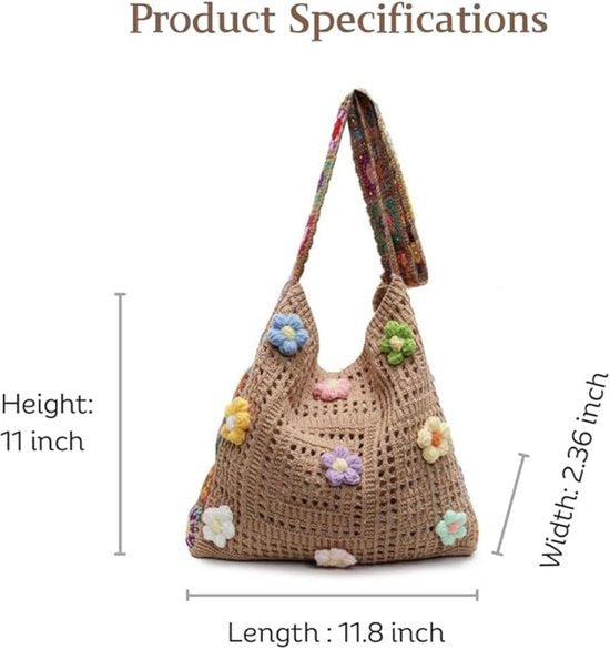Women's shoulder bag - Embroidered bag - Handmade crocheted fabric bag - Colorful patterns - Perfect for shopping and holidays - Khaki