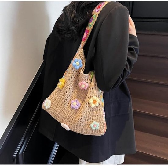 Women's shoulder bag - Embroidered bag - Handmade crocheted fabric bag - Colorful patterns - Perfect for shopping and holidays - Khaki