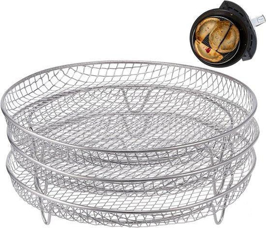 Multi-layer air fryer rack (3 round layers) - Air fryer baking pan - Air fryer grid - 304 stainless steel - Safe to use in air fryers, steam ovens, regular ovens and dishwashers - 20.3 cm - Silver.