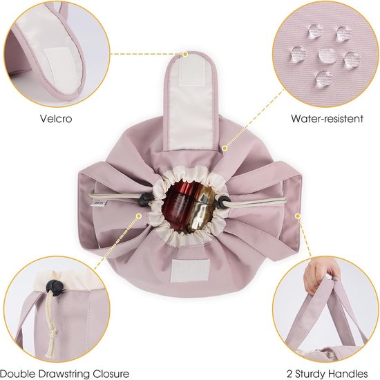 Foldable Drawstring Makeup Bag - Multifunctional Portable Travel Storage Bag for Cosmetics, Toiletry Bags & Accessories, Compact Durable Fabric Bag for Living Room, Shower Table & Travel（Pink）
