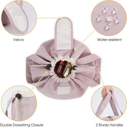 Foldable Drawstring Makeup Bag - Multifunctional Portable Travel Storage Bag for Cosmetics, Toiletry Bags & Accessories, Compact Durable Fabric Bag for Living Room, Shower Table & Travel（Pink）