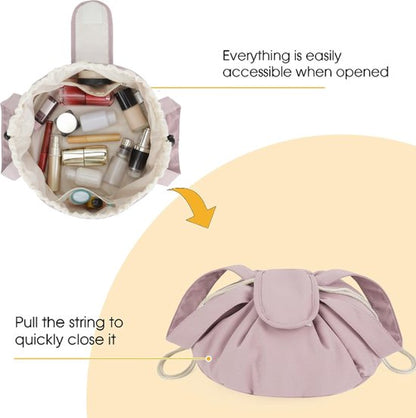 Foldable Drawstring Makeup Bag - Multifunctional Portable Travel Storage Bag for Cosmetics, Toiletry Bags & Accessories, Compact Durable Fabric Bag for Living Room, Shower Table & Travel（Pink）