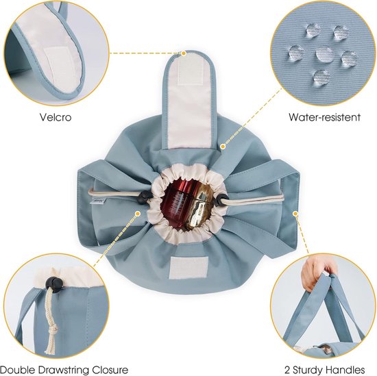 Foldable Drawstring Makeup Bag - Multifunctional Portable Travel Storage Bag for Cosmetics, Toiletry Bags & Accessories, Compact Durable Fabric Bag for Living Room, Shower Table & Travel（Blue）