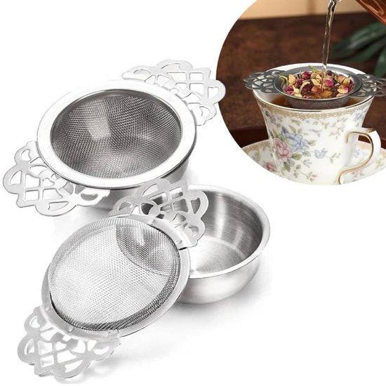 Tea Strainer - 2-piece set - Stainless steel tea infuser - Tea steeper with handle and drip cup - 6.5 cm - Mesh tea filter.