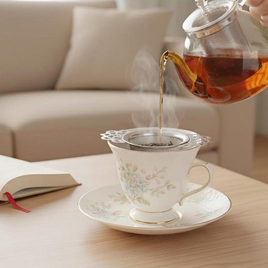 Tea Strainer - 2-piece set - Stainless steel tea infuser - Tea steeper with handle and drip cup - 6.5 cm - Mesh tea filter.