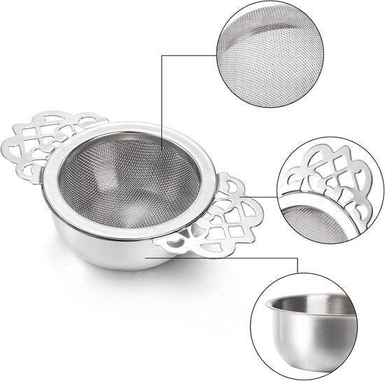 Tea Strainer - 2-piece set - Stainless steel tea infuser - Tea steeper with handle and drip cup - 6.5 cm - Mesh tea filter.