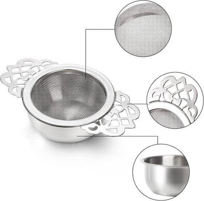 Tea Strainer - 2-piece set - Stainless steel tea infuser - Tea steeper with handle and drip cup - 6.5 cm - Mesh tea filter.