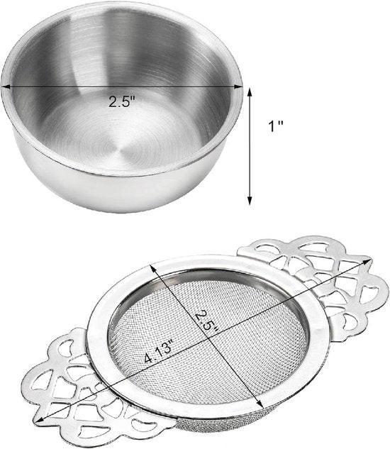 Tea Strainer - 2-piece set - Stainless steel tea infuser - Tea steeper with handle and drip cup - 6.5 cm - Mesh tea filter.
