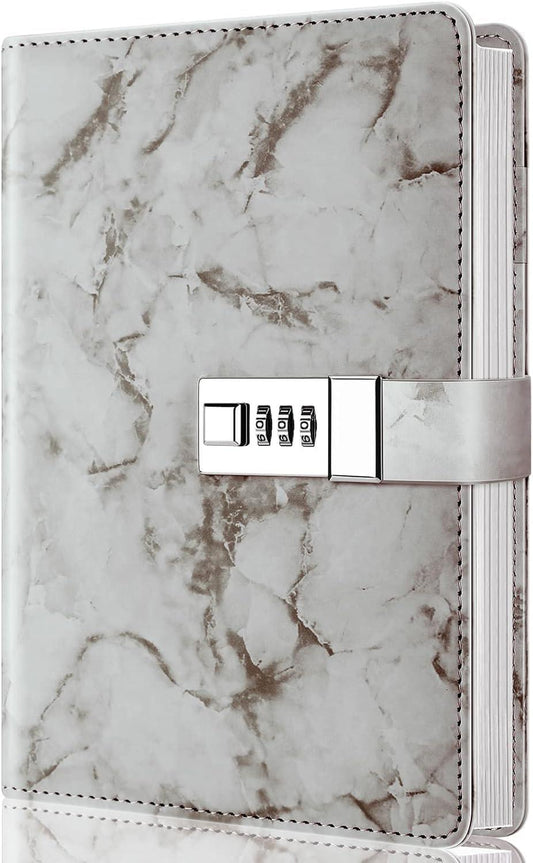 Diary with combination lock, waterproof leather, marble pattern, gray, 1 pack.