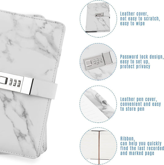 Diary with combination lock, waterproof leather, marble pattern, gray, 1 pack.