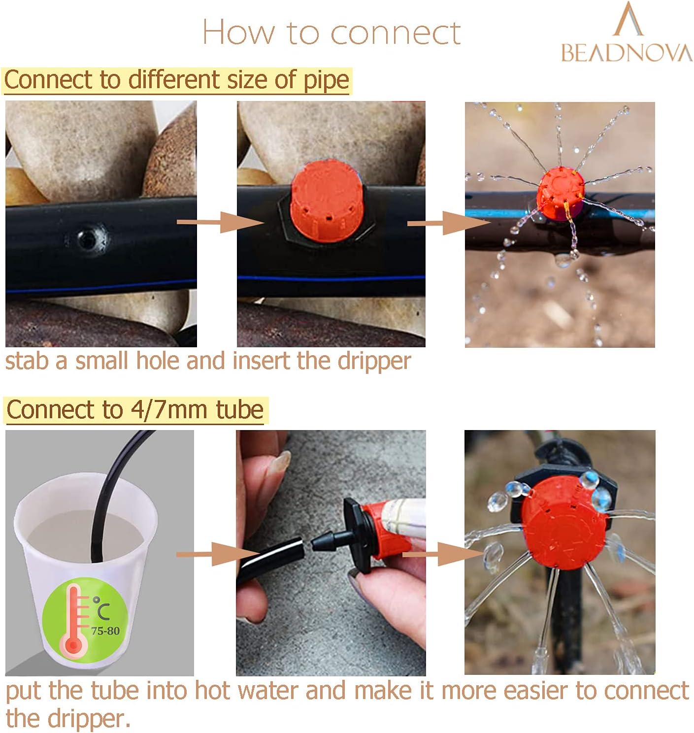 Drip Irrigation Emitters 50 Pieces Irrigation Drippers 360 Degree System Emitters Sprinklers Drip Irrigation 1/4 Inch Pipe Gardening (Red)