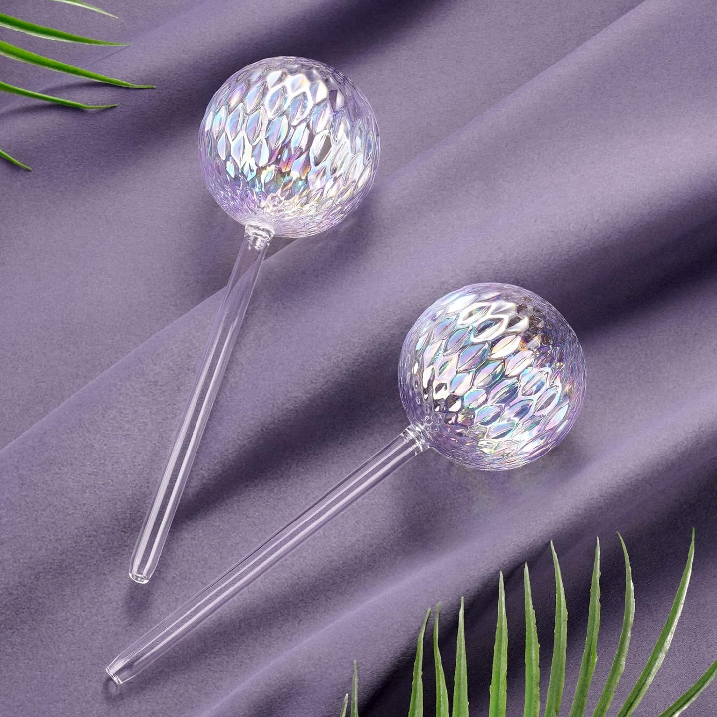 Glass Self-Watering Plant Balls, 2-Pack, Pearlescent, Clear Iridescent, Plant Watering Device, Diamond Pattern, Self-Watering Balls, Planter Insert, Decorative Holiday Watering Spikes