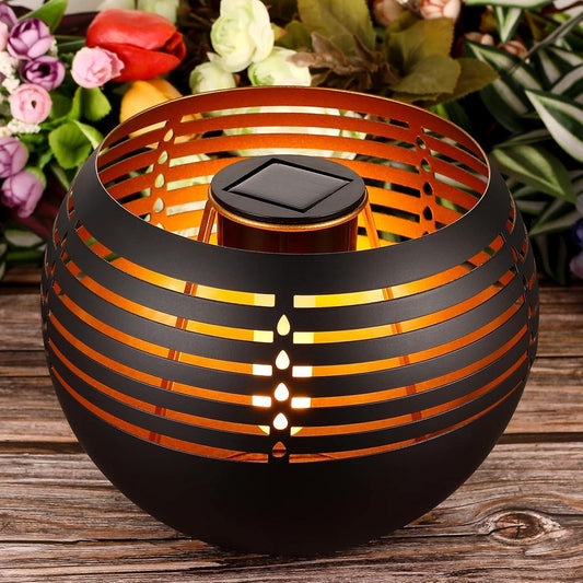 Waterproof outdoor solar lanterns, solar table lamp for outdoor patio, metal pot with warm yellow dancing and flickering flame light, decorative LED table lamp for garden decor, landscape, yard.