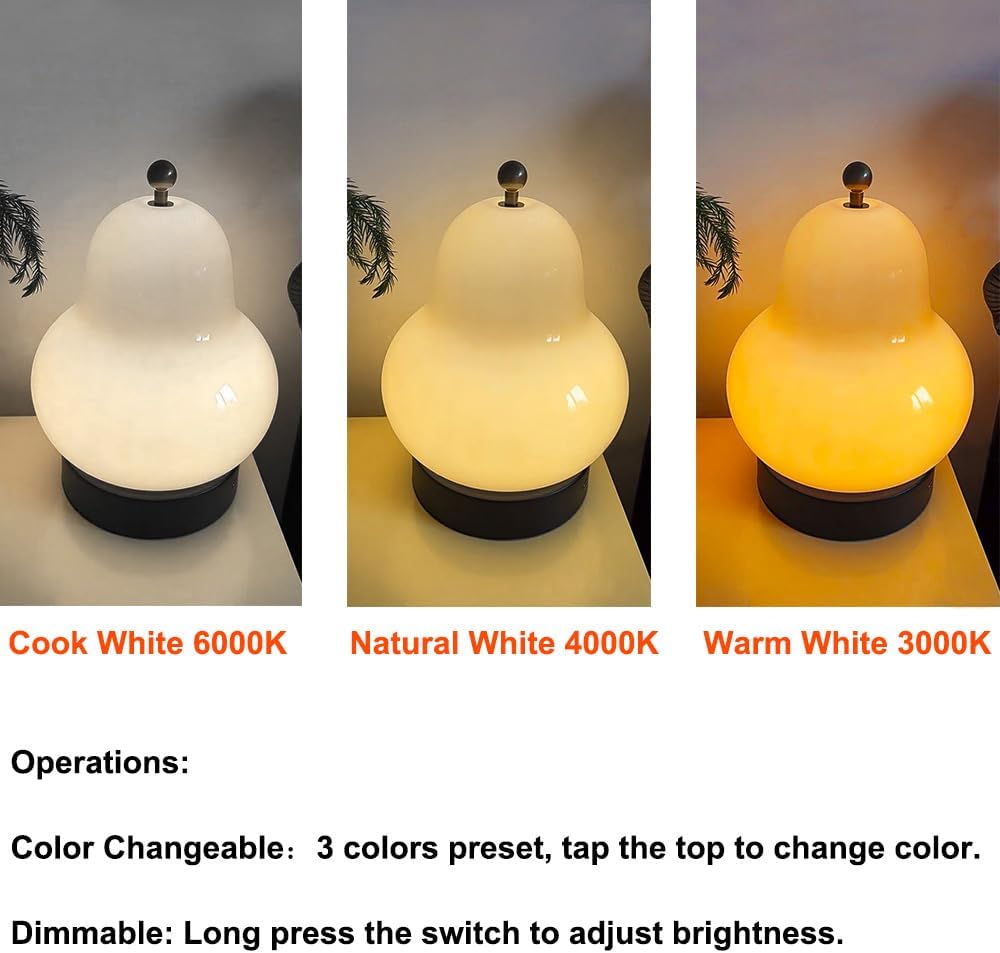 5W LED Portable Night Light, French Retro Milky Pear Shaped Gourd Table Lamp, Dimmable Color Changing Desk Lamp, Battery Operated and Rechargeable with USB Cable, Milky Yellow Table Lamp