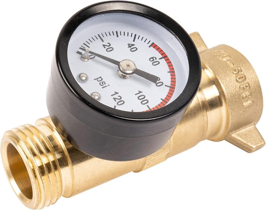 Brass RV Water Pressure Regulator, Hi-Flow Water Regulator with Filter Screen and Gauge for RVs, Caravans, and Plumbing Systems.