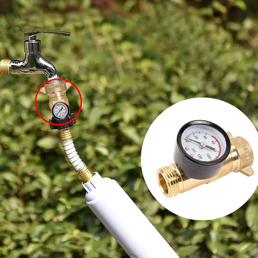 Brass RV Water Pressure Regulator, Hi-Flow Water Regulator with Filter Screen and Gauge for RVs, Caravans, and Plumbing Systems.