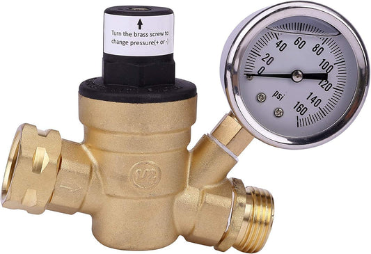 RV Water Pressure Regulator with Gauge Adjustable 3/4" Hose Valve - RV Water Pressure Regulator with Gauge - RV Camper Water Pressure Regulator, Trucks, Trailers - Trailer Water Pressure Gauge.