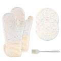 Quilted Cotton Terry Oven Mitts, Pot Holders, Kitchen Brushes, Set of 5, Heat Resistant, Silicone Handles, Shake