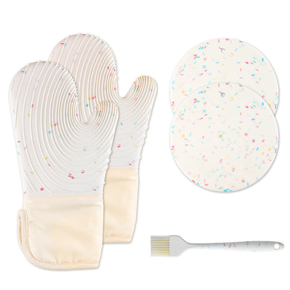 Quilted Cotton Terry Oven Mitts, Pot Holders, Kitchen Brushes, Set of 5, Heat Resistant, Silicone Handles, Shake