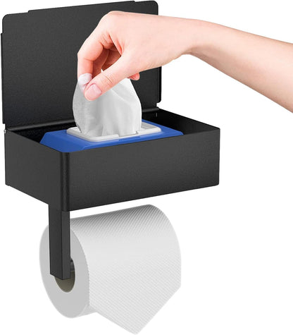 Toilet Roll Holder - Black Stainless Steel - With Wet Wipe Holder - Self-Adhesive Mounting - For Bathroom and Kitchen