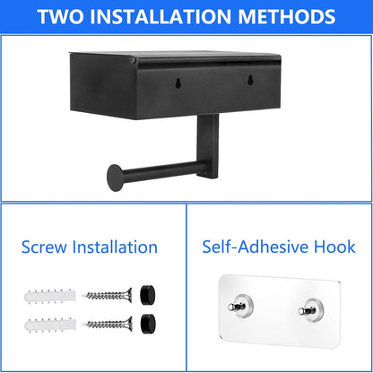 Toilet Roll Holder - Black Stainless Steel - With Wet Wipe Holder - Self-Adhesive Mounting - For Bathroom and Kitchen