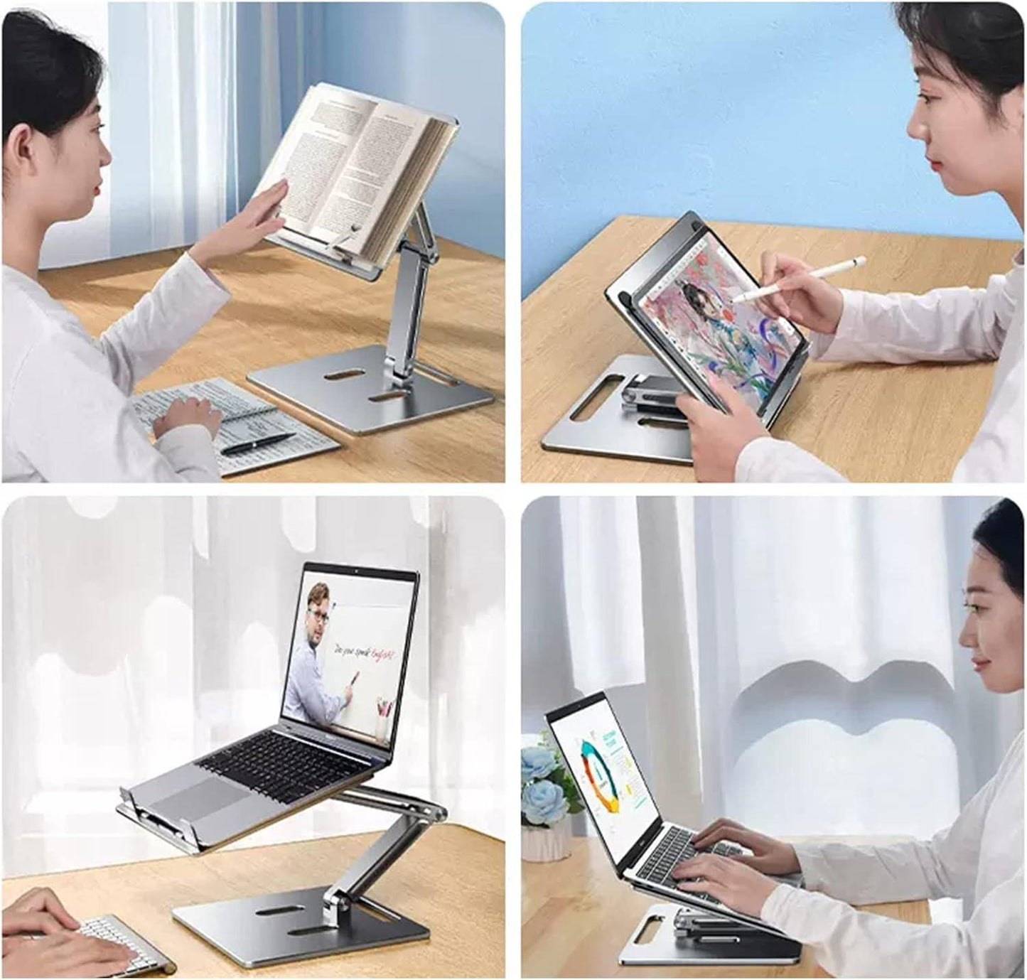 Computer Stand - Adjustable Lift Stand - Suitable for laptop, tablet, textbooks, cookbooks and magazines - Cooling vents - Metal - Silver.